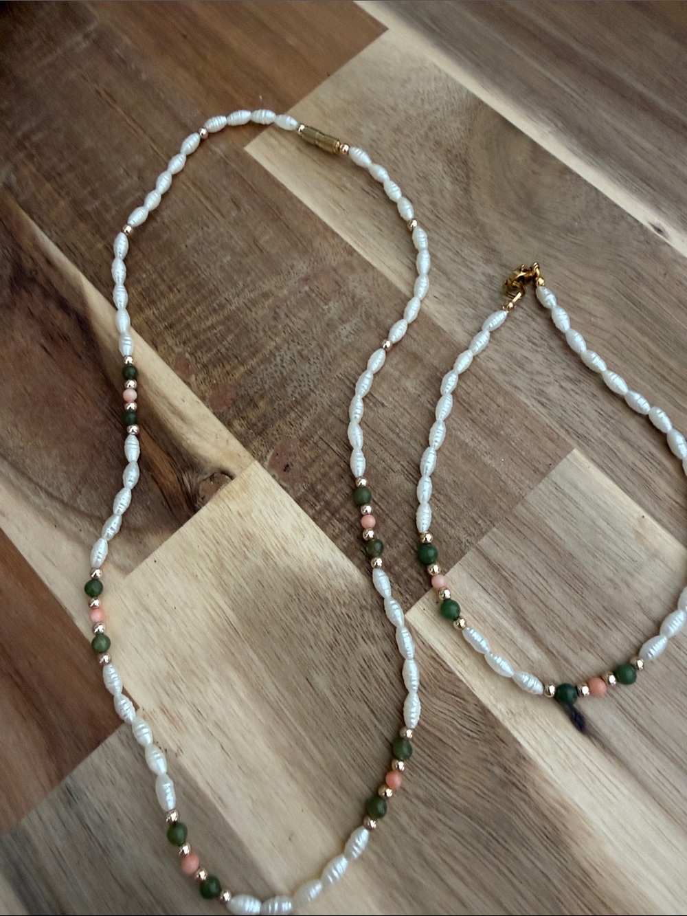 Fresh Water Pearl Anklet & Necklace Set w/ Jade & Coral